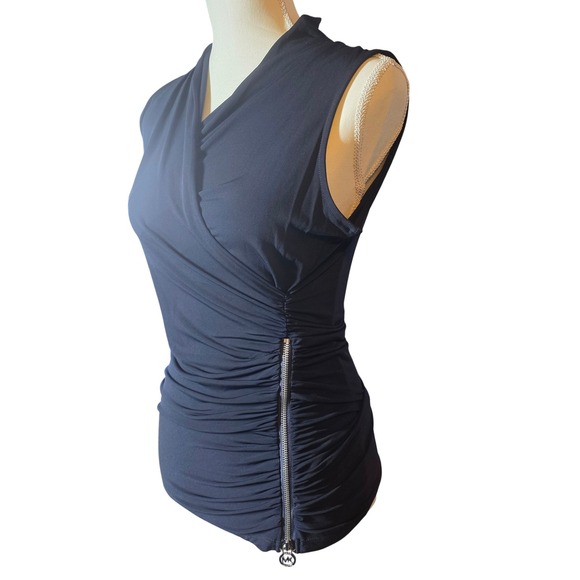 Michael Kors Sleeveless Drape Neck Ruched Zipper Top Navy Blue Size S - Picture 5 of 11